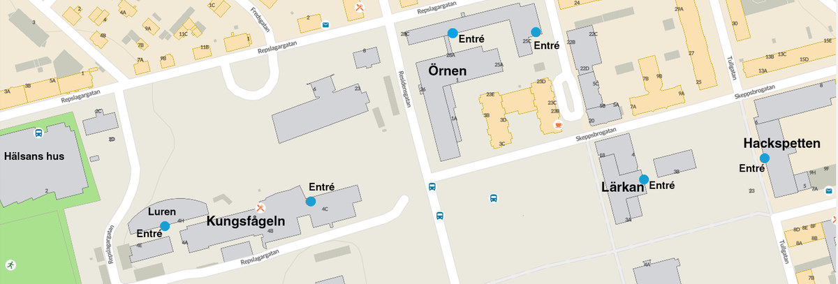 Karta över kvarteren i Luleå Gymnasieskola