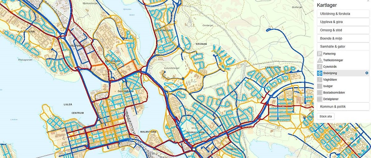 Karta med prioriterade vägar för snöröjning 